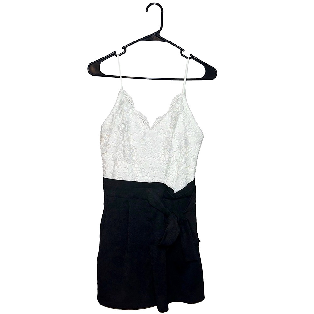 Junior’s White Lace Romper with Black Bottoms and Black Belt